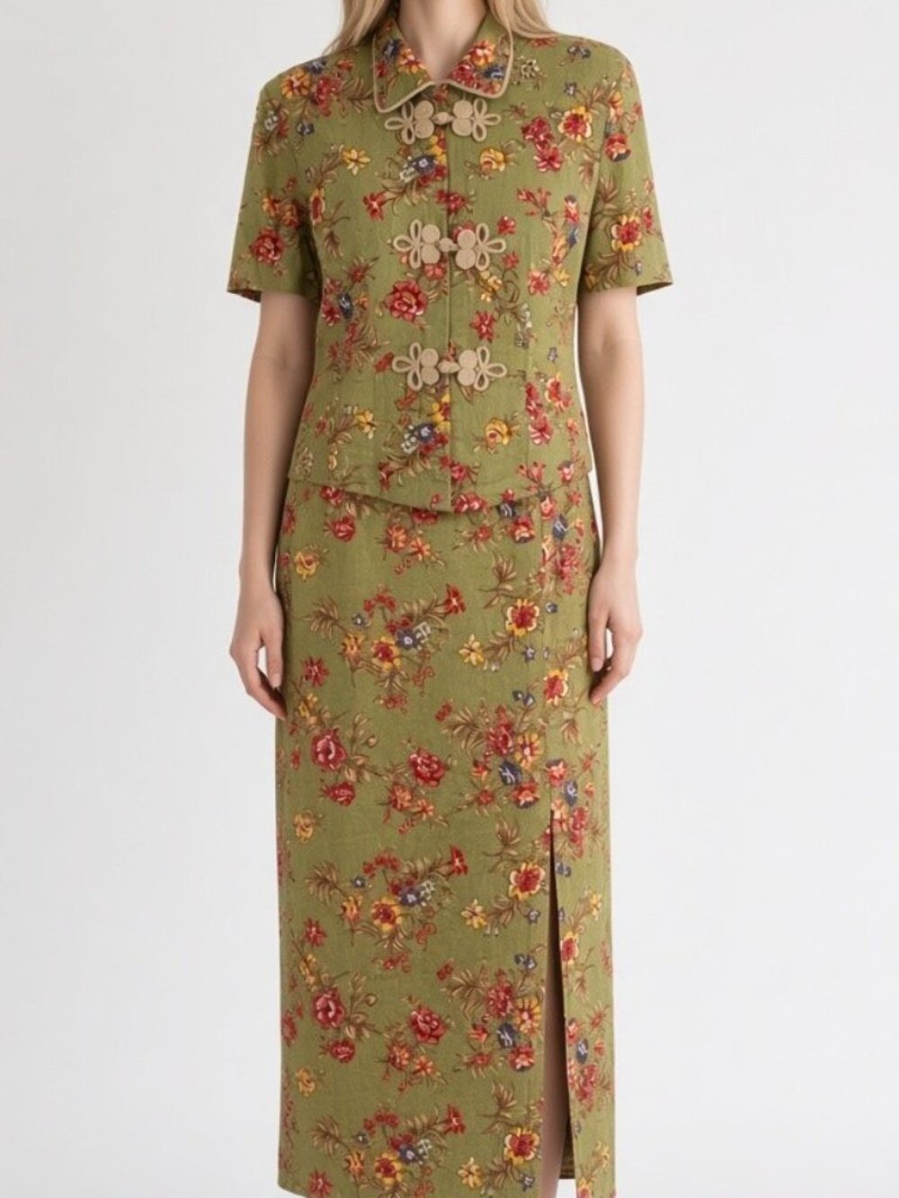 Vintage Jessica Howard Green Floral Linen 2 Piece Short Sleeve Maxi Skirt Set 10